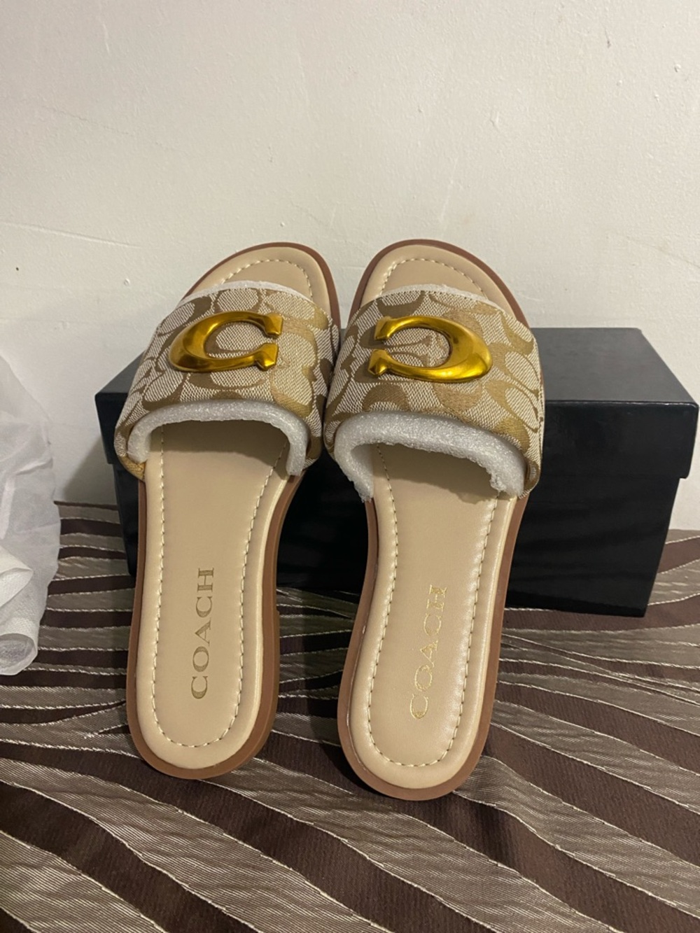 Coach Beige Signature Slide Sandals with Gold Hardware